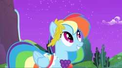 Size: 2160x1213 | Tagged: safe, derpibooru import, screencap, rainbow dash, pegasus, pony, the best night ever, alternate hairstyle, at the gala, beautiful, bush, clothes, dress, gala dress, gown, happy, mountain, night, singing, smiling, solo, stars, tree, water, waterfall