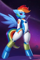 Size: 2048x3072 | Tagged: safe, derpibooru import, editor:xyd0, generator:stable diffusion, machine learning generated, rainbow dash, pegasus, pony, semi-anthro, astronaut, clothes, socks, solo, space, spacesuit, spread wings, wings