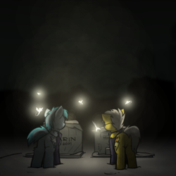 Size: 800x800 | Tagged: safe, artist:captainhoers, derpibooru import, spitfire, oc, oc:concorde, pegasus, pony, the sunjackers, butt, duo, elderly, female, gravestone, graveyard, implied soarin', mare, mother and child, offspring, older, older spitfire, parent and child, parent:soarin', parent:spitfire, parents:soarinfire, plot