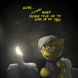 Size: 800x800 | Tagged: safe, artist:captainhoers, derpibooru import, spitfire, pegasus, pony, the sunjackers, dialogue, elderly, female, glasses, gravestone, graveyard, implied soarin', mare, offscreen character, older, older spitfire, solo