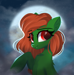 Size: 2480x2516 | Tagged: safe, artist:janelearts, derpibooru import, oc, oc:muse, earth pony, pony, undead, vampire, cloud, moon, night, orange mane, red eyes, solo