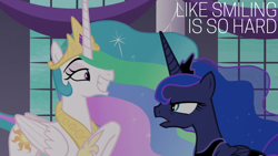 Size: 1920x1080 | Tagged: safe, derpibooru import, edit, edited screencap, editor:quoterific, screencap, princess celestia, princess luna, a royal problem, grin, smiling, tempting fate