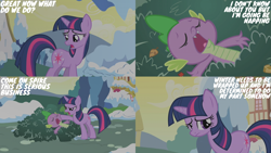 Size: 2000x1125 | Tagged: safe, derpibooru import, edit, edited screencap, editor:quoterific, screencap, spike, twilight sparkle, unicorn twilight, unicorn, winter wrap up, bush, ponyville, snow