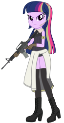 Size: 2144x4096 | Tagged: safe, artist:edy_january, artist:starryshineviolet, derpibooru import, edit, twilight sparkle, human, equestria girls, action, assault rifle, boots, clothes, costume, female, frown, girls frontline, gun, high res, jacket, link in description, long skirt, m4a1, parody, rifle, shoes, simple background, skirt, socks, soldier, solo, t-doll, tactical, tanktop, thigh highs, thigh socks, transparent background, trigger discipline, united states, vector, vector edit, vector used, weapon