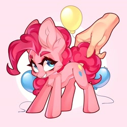 Size: 1913x1909 | Tagged: safe, artist:cypmr, derpibooru import, pinkie pie, earth pony, human, pony, balloon, big ears, catchlights, circle background, curly hair, curly mane, cute, ears, hand, pink background, simple background, smiling