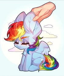 Size: 1595x1899 | Tagged: safe, artist:cypmr, derpibooru import, rainbow dash, human, pegasus, pony, big ears, blushing, chibi, cloud, ears, eyes closed, hand, impossibly large ears, multicolored hair, rainbow hair, sitting, spread wings, wings