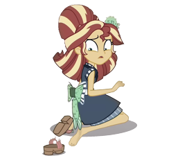 Size: 1200x1079 | Tagged: safe, derpibooru import, edit, edited screencap, screencap, sunset shimmer, eqg summertime shorts, equestria girls, good vibes, background removed, bacon, barefoot, broken, clothes, cute, feet, female, fetish, food, foot fetish, lost, meat, sandals, shoes, shorts, simple background, socks, solo, sunset, sunset sushi, transparent background