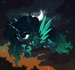 Size: 3832x3576 | Tagged: safe, artist:justsadluna, derpibooru import, oc, oc only, alicorn, pony, alicorn oc, colored wings, crescent moon, eyelashes, female, flying, horn, mare, moon, outdoors, solo, two toned wings, wings