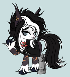 Size: 3688x4072 | Tagged: safe, artist:justsadluna, derpibooru import, oc, oc only, earth pony, pony, amputee, clothes, collar, ear fluff, ear piercing, ears, earth pony oc, eyelashes, female, grin, mare, piercing, prosthetic leg, prosthetic limb, prosthetics, raised hoof, raised leg, simple background, smiling, solo, unshorn fetlocks