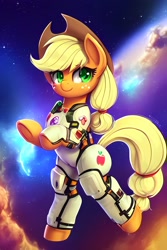 Size: 2048x3072 | Tagged: safe, derpibooru import, editor:xyd0, generator:stable diffusion, machine learning generated, applejack, pony, astronaut, butt, clothes, cute, jackabetes, space, spacesuit, zero gravity