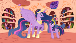 Size: 1024x573 | Tagged: safe, artist:velveagicsentryyt, derpibooru import, princess twilight 2.0, twilight sparkle, twilight sparkle (alicorn), alicorn, pony, the last problem, base used, big crown thingy, crown, deviantart watermark, element of magic, golden oaks library, hoof shoes, jewelry, obtrusive watermark, older, older twilight, peytral, regalia, self paradox, self ponidox, size difference, watermark