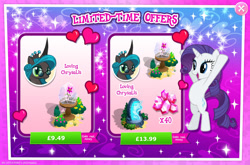 Size: 1958x1295 | Tagged: safe, derpibooru import, queen chrysalis, rarity, reversalis, changeling, changeling queen, pony, unicorn, advertisement, bush, costs real money, crown, english, female, flower, gameloft, gem, glasses, horn, jewelry, mare, mirror universe, mobile game, my little pony: magic princess, numbers, official, regalia, sale, text