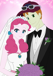 Size: 640x904 | Tagged: safe, artist:nathaniel718, derpibooru import, coach rommel, pinkie pie, human, equestria girls, anime style, cap, clothes, couple, female, hat, male, marriage, rommelpie, shipping, tuxedo, wedding