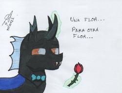 Size: 815x620 | Tagged: safe, artist:alejandrogmj, derpibooru import, oc, oc:alejandrogmj, changeling, bowtie, changeling oc, flower, simple background, spanish, traditional art, white background