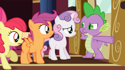 Size: 1920x1080 | Tagged: safe, derpibooru import, screencap, apple bloom, scootaloo, spike, sweetie belle, dragon, earth pony, pegasus, pony, unicorn, just for sidekicks, apple bloom's bow, blank flank, bow, cutie mark crusaders, female, filly, foal, hair bow, raised hoof, raised leg