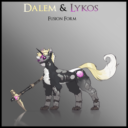 Size: 3000x3000 | Tagged: safe, artist:nsilverdraws, derpibooru import, oc, oc only, oc:dalem sundown, oc:lykos, dog, horse, pony, unicorn, chest fluff, crystal, fusion, gradient background, magic, male, pickaxe, piercing, reflection, solo, sundown clan, weapon