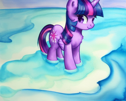 Size: 2560x2048 | Tagged: safe, derpibooru import, editor:felisamafeles, generator:stable diffusion, machine learning generated, twilight sparkle, twilight sparkle (alicorn), alicorn, pony, g4, cute, fur, gouache, ocean, solo, traditional art, water, watercolor painting