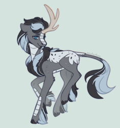 Size: 1873x1991 | Tagged: safe, artist:enderbee, derpibooru import, oc, oc only, oc:charcoal, kirin, chest fluff, colored, flat colors, full body, hooves, horn, kirin oc, request, simple background, sketch, smiling, solo, tail