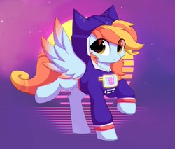 Size: 2541x2160 | Tagged: safe, artist:verlista, derpibooru import, oc, oc only, pegasus, clothes, female, golden eyes, hoodie, looking at you, mare, oc name needed, retrowave, solo, soundwave, spread wings, transformers, wings