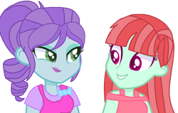 Size: 1917x1220 | Tagged: safe, artist:rainbowstarcolour262, derpibooru import, crystal lullaby, melon mint, human, equestria girls, alternate clothes, background human, clothes, duo, duo female, female, looking at each other, looking at someone, ponytail, shirt, simple background, sleeveless, sleeveless shirt, transparent background