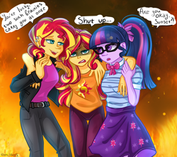 Size: 2100x1856 | Tagged: safe, artist:yuris, derpibooru import, sci-twi, sunset shimmer, twilight sparkle, human, equestria girls, equestria girls series, breasts, busty sci-twi, clone, dialogue, female, implied lesbian, implied scitwishimmer, implied selfcest, implied shipping, implied sunsetsparkle, open mouth, paradox, self paradox, signature, simple background, smiling, sunset jiggler