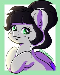 Size: 2000x2500 | Tagged: safe, artist:edgyanimator, derpibooru import, oc, oc:lunar dash, pegasus, pony, bangs, black and white hair, black and white mane, black hair, black mane, bust, cel shading, colored wings, cross, cute, cute smile, digital art, ear piercing, eyelashes, female, firealpaca, fluffy hair, folded wings, gray coat, green eyes, hooves together, light, lineart, looking at you, mare, multicolored wings, pegasus oc, piercing, ponytail, portrait, shading, signature, simple, simple background, simple shading, smiling, solo, tattoo, white background, wingding eyes, wings