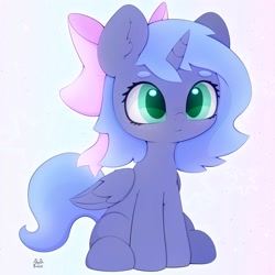 Size: 3000x3000 | Tagged: safe, artist:zokkili, derpibooru import, princess luna, alicorn, pony, bow, cute, female, filly, foal, gradient background, hair bow, lunabetes, s1 luna, sitting, solo, woona, younger