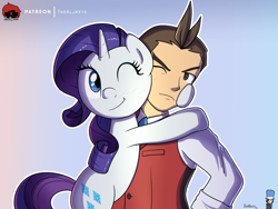 Size: 1000x750 | Tagged: safe, artist:thealjavis, derpibooru import, rarity, human, pony, unicorn, ace attorney, apollo justice, commissioner:imperfectxiii, crossover, crossover shipping, hug, one eye closed, shipping, signature, simple background, trio, trucy wright, varying degrees of want, wink