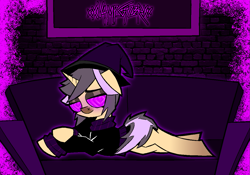 Size: 1143x800 | Tagged: safe, artist:xxv4mp_g4z3rxx, derpibooru import, oc, oc only, pony, unicorn, brick wall, clothes, eyeshadow, hat, horn, hypno eyes, makeup, signature, sofa, solo, sweater, tail, turtleneck, two toned mane, two toned tail, unicorn oc, witch hat