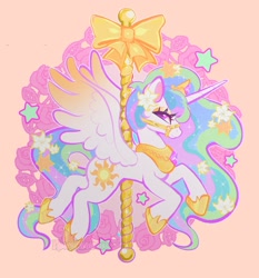 Size: 1356x1458 | Tagged: safe, artist:necromeowncer, derpibooru import, princess celestia, alicorn, bow, bridle, carousel, female, flower, looking at you, pole, solo, solo female, spread wings, wings