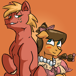 Size: 3000x3000 | Tagged: safe, artist:fumalunga, derpibooru import, big macintosh, caramel, blushing, crossdressing, male, smiling, stallion