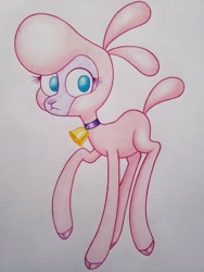 Size: 3024x4032 | Tagged: safe, artist:ivanstrelnikov_, derpibooru import, pom lamb, lamb, sheep, them's fightin' herds, bell, bell collar, collar, colored pencil drawing, community related, frown, full body, looking at you, no pupils, raised hoof, raised leg, simple background, traditional art, white background