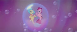 Size: 1600x668 | Tagged: safe, derpibooru import, screencap, pinkie pie, princess skystar, seapony (g4), my little pony: the movie, bubble, dancing, female, in bubble, one small thing, seaponified, seapony pinkie pie, species swap, underwater