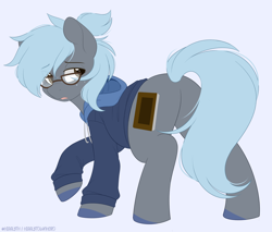 Size: 1200x1023 | Tagged: safe, artist:higglytownhero, derpibooru import, oc, oc only, earth pony, pony, butt, clothes, earth pony oc, hoodie, male, plot, simple background, solo