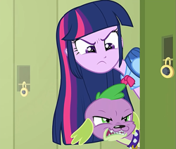 Size: 827x702 | Tagged: safe, derpibooru import, edit, edited screencap, editor:incredibubbleirishguy, screencap, spike, twilight sparkle, dog, equestria girls, equestria girls (movie), angry, composite screencap, glare, growling, implied fluttershy, implied sunset shimmer, lockers, panorama, spike the dog