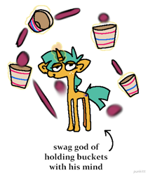 Size: 1720x2036 | Tagged: safe, artist:punkittdev, derpibooru import, snails, pony, unicorn, buckball, bucket, colt, foal, levitation, lidded eyes, looking at you, magic, male, simple background, solo, telekinesis, text, white background