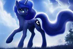 Size: 1920x1280 | Tagged: safe, derpibooru exclusive, derpibooru import, editor:dovakkins, generator:stable diffusion, machine learning generated, princess luna, alicorn, pony, blue sky, bush, cloud, concave belly, cute, ethereal mane, ethereal tail, female, folded wings, galaxy mane, grass, long tail, looking at you, missing accessory, raised hoof, raised leg, slim, smiling, smiling at you, solo, tail, thin, wavy mane, wings