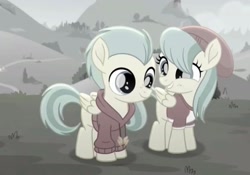 Size: 2160x1510 | Tagged: safe, derpibooru import, screencap, barley barrel, pickle barrel, pegasus, pony, rainbow roadtrip, barrel twins, brother and sister, clothes, colt, cute, excited, excitement, fangirl, female, filly, foal, fraternal twins, grass, gray, grin, happy, hat, hill, hoodie, male, shirt, siblings, smiling, t-shirt, twins