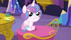 Size: 2160x1210 | Tagged: safe, derpibooru import, screencap, princess flurry heart, alicorn, pony, a flurry of emotions, baby, baby food, baby pony, chair, cute, female, happy, jar, mashed peas, smiling, solo, table, twilight's castle