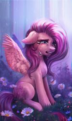 Size: 1484x2482 | Tagged: safe, artist:bananitryi, derpibooru import, fluttershy, pegasus, pony, crying, daisy (flower), ears, eyelashes, feathered wings, female, floppy ears, flower, forest, furrowed brow, grass, long mane, mare, nostrils, open mouth, pegasus wings, rain, sitting, snout, solo, spread wings, wings