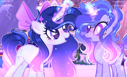 Size: 2655x1599 | Tagged: safe, artist:astralblues, artist:harmonyvitality-yt, derpibooru import, oc, oc only, alicorn, pony, unicorn, alicorn oc, base used, bow, duo, female, glowing, glowing horn, hair bow, horn, magic, mare, offspring, outdoors, parent:flash sentry, parent:twilight sparkle, parents:flashlight, telekinesis, unicorn oc, wings