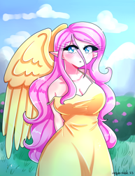 Size: 2975x3850 | Tagged: safe, artist:mylittleyuri, derpibooru import, fluttershy, human, blushing, breasts, bush, clothes, cloud, cute, dress, elf ears, female, flower, grass, hootershy, humanized, pale skin, shyabetes, sky, solo, winged humanization, wings