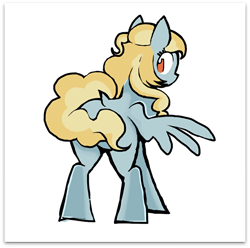 Size: 638x632 | Tagged: safe, artist:yidwags, ponerpics import, oc, oc:fair flyer, pegasus, pony, announcement, announcement in the description, covering, dock, female, looking at you, looking back, looking back at you, mare, simple background, snowpity inc., tail covering, white background