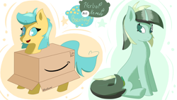 Size: 3840x2160 | Tagged: safe, artist:realdysmal, ponerpics import, oc, oc only, oc:boxfilly, oc:herbal remedy, pegasus, pony, unicorn, amazon box, box, eyebrows, eyebrows visible through hair, female, filly, foal, horn, mare, open mouth, open smile, pegasus oc, secret santa, simple background, sitting, smiling, standing, stars, text, unicorn oc, white background, wings