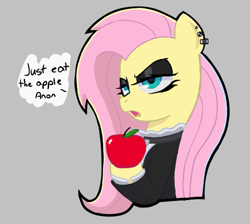 Size: 514x460 | Tagged: safe, artist:poncarnal, ponerpics import, fluttershy, pony, aggie.io, apple, clothes, ear piercing, earring, female, food, frown, goth, implied anon, jewelry, mare, open mouth, piercing, simple background, talking