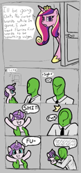 Size: 315x671 | Tagged: safe, artist:poncarnal, ponerpics import, princess cadance, princess flurry heart, oc, oc:anon, alicorn, pony, aggie.io, babysitting, comic, door, female, filly, first words, foal, frown, mare, open mouth, simple background, swearing, talking, vulgar