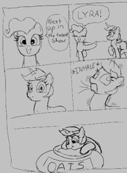 Size: 332x450 | Tagged: safe, artist:poncarnal, ponerpics import, lyra heartstrings, mayor mare, earth pony, pony, unicorn, aggie.io, comic, food, lowres, monochrome, oats, open mouth, simple background, smiling, talent show