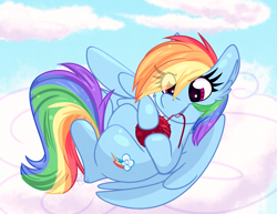 Size: 2793x2160 | Tagged: safe, artist:lbrcloud, derpibooru import, rainbow dash, pegasus, pony, behaving like a cat, cloud, cute, dashabetes, eye clipping through hair, eyebrows, eyebrows visible through hair, female, lying down, lying on a cloud, mare, on a cloud, on back, rainbow cat, smiling, solo, yarn, yarn ball