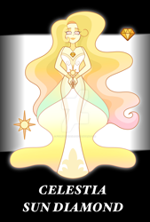 Size: 1280x1899 | Tagged: safe, artist:fourteennails, derpibooru import, princess celestia, human, crossover, deviantart watermark, female, gem, humanized, looking at you, name, obtrusive watermark, smiling, smiling at you, solo, species swap, steven universe, text, watermark