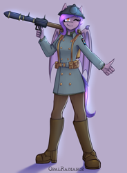 Size: 2095x2840 | Tagged: safe, artist:opal_radiance, derpibooru import, oc, anthro, bat, pony, rocket launcher, solo, thumbs up, weapon, world war i